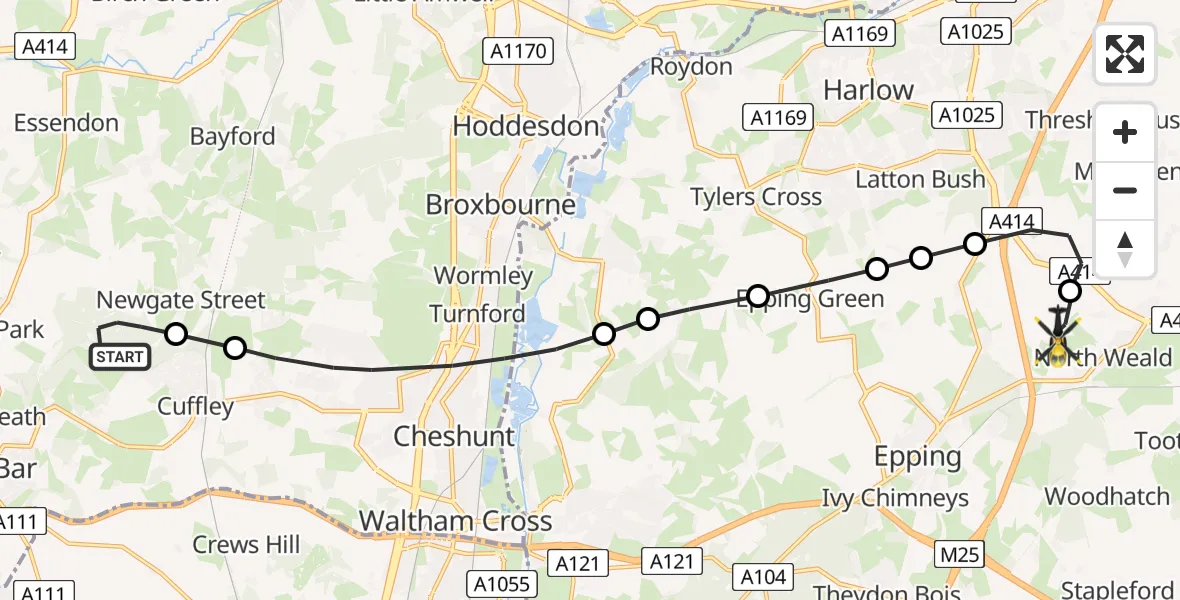 Flight route Police Helicopter Northaw - North Weald Airfield, 04 June 2026, 20:24