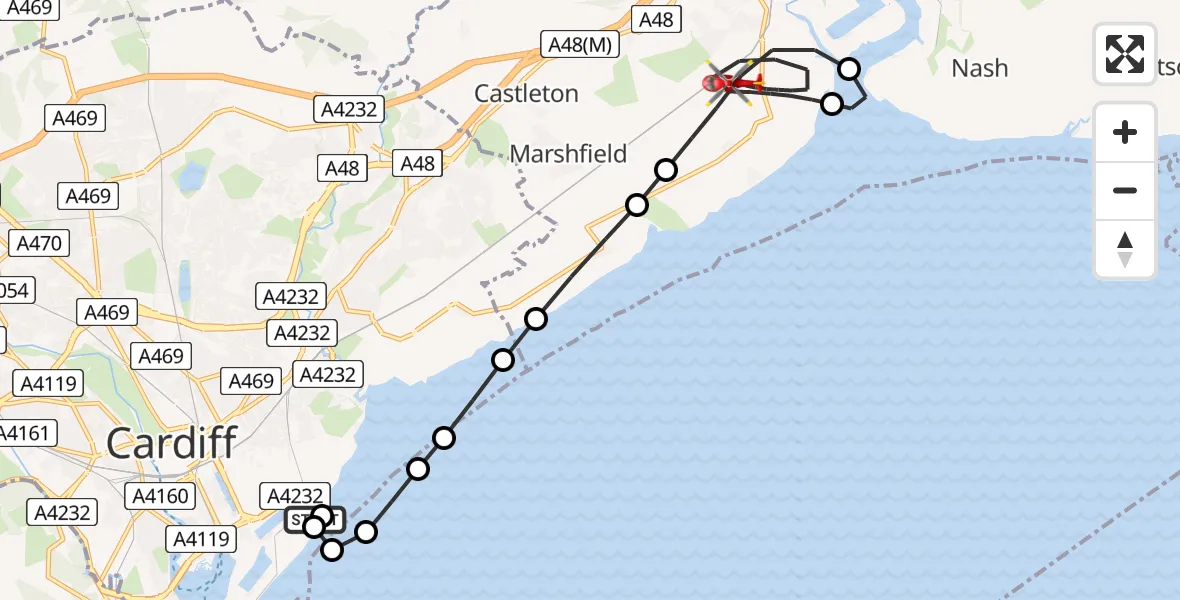 Flight route Air Ambulance Helicopter Cardiff Heliport - Wentlooge, 04 June 2026, 21:07
