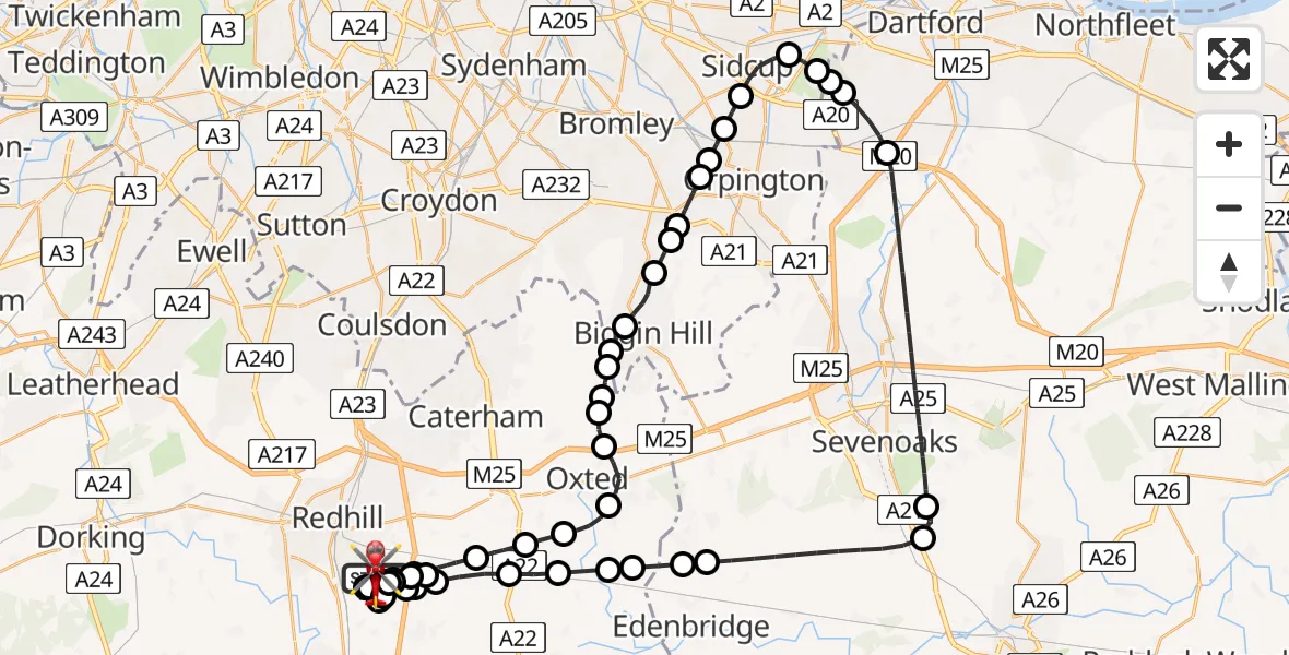Flight route Air Ambulance Helicopter Redhill Aerodrome - Redhill Aerodrome, 04 June 2026, 21:07