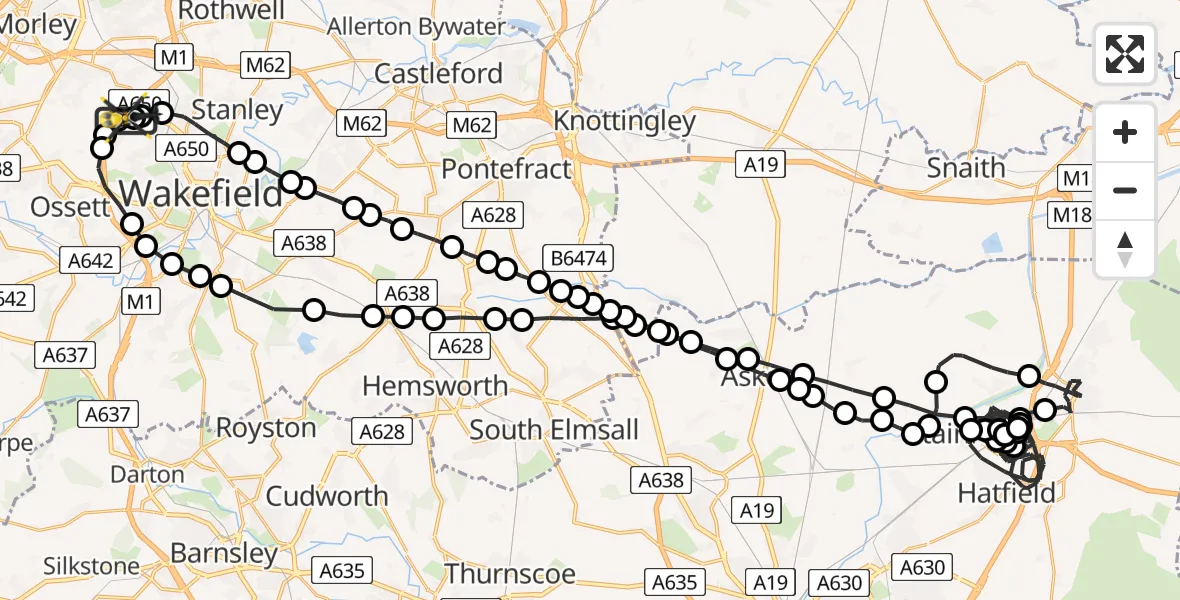 Flight route Police Helicopter East Ardsley - East Ardsley, 04 June 2026, 21:13