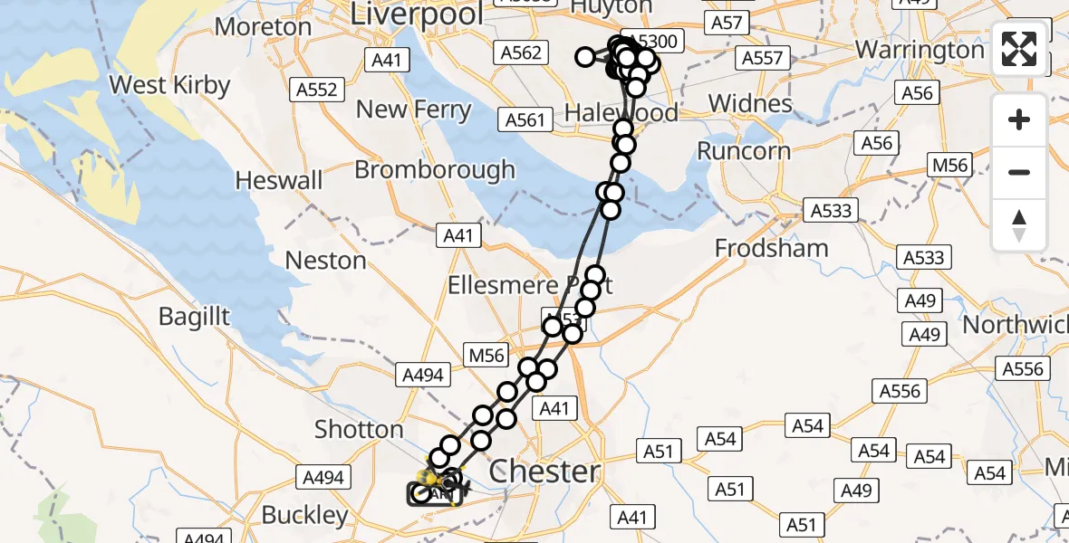 Flight route Police Helicopter Hawarden Airport - Hawarden Airport, 04 June 2026, 21:24