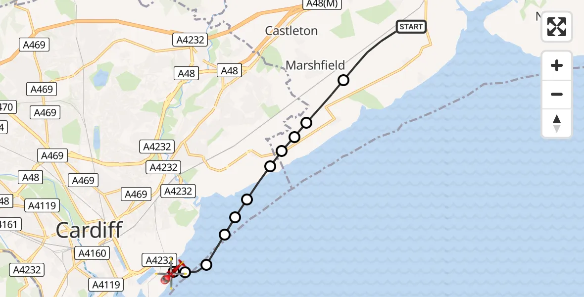 Flight route Air Ambulance Helicopter Wentlooge - Cardiff Heliport, 04 June 2026, 21:29