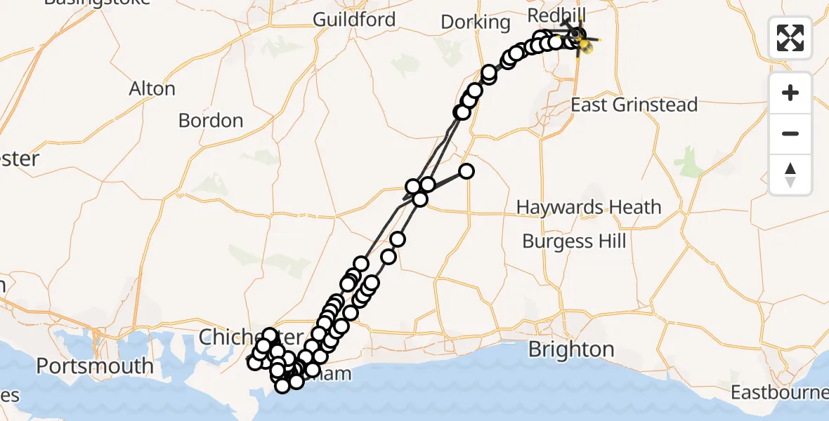 Flight route Police Helicopter Salfords - South Nutfield, 04 June 2026, 21:34