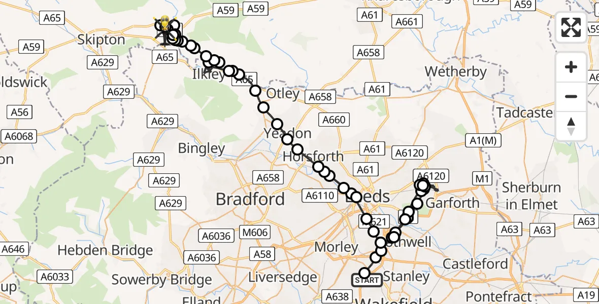 Flight route Police Helicopter East Ardsley - Draughton, 04 June 2026, 22:29