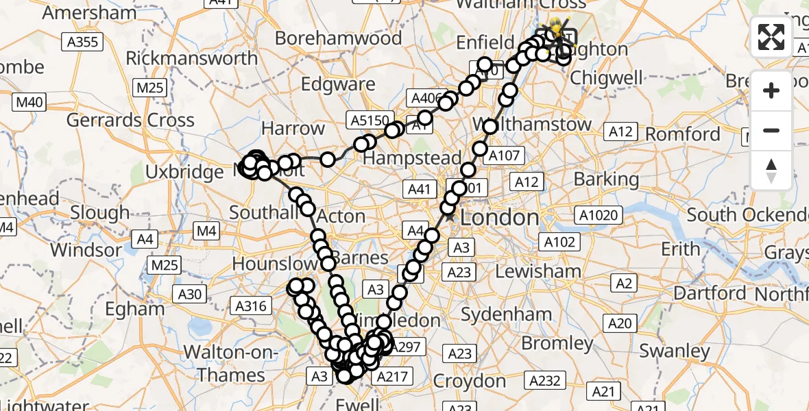Flight route Police Helicopter Metropolitan Police Air Support Unit Lippitts Hill - Metropolitan Police Air Support Unit Lippitts Hill, 04 June 2026, 22:35
