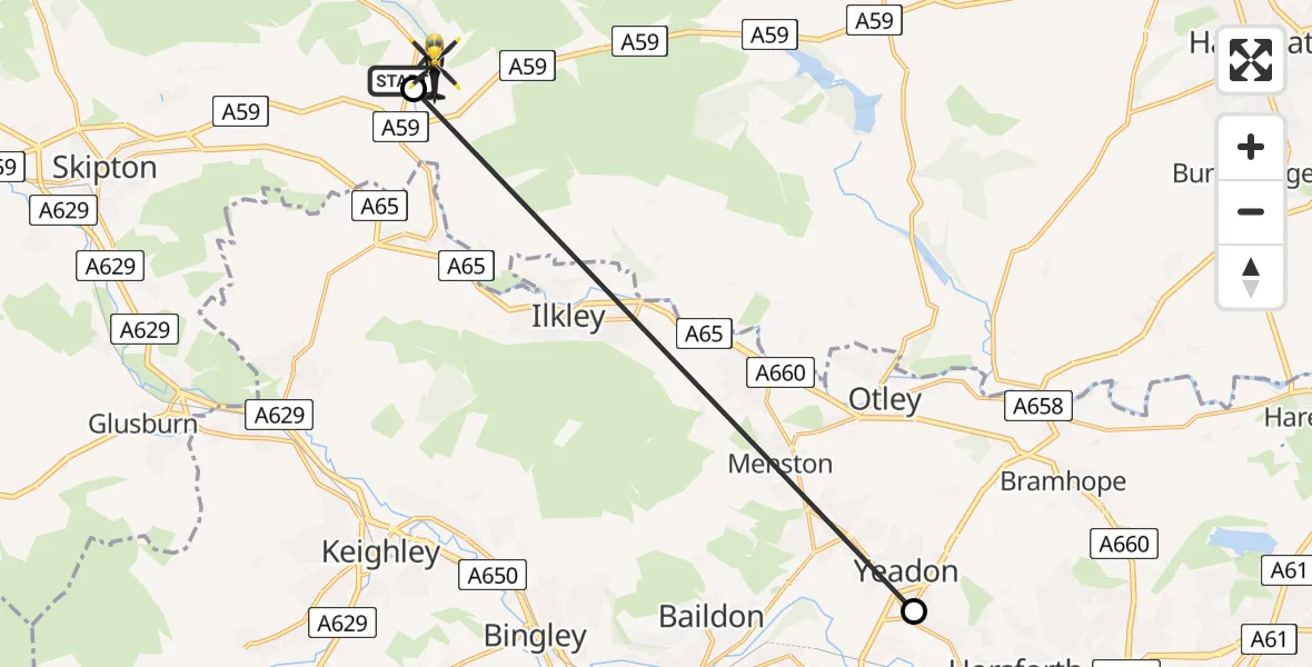 Flight route Police Helicopter Bolton Abbey - Bolton Abbey, 04 June 2026, 23:11