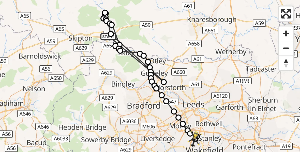 Flight route Police Helicopter Draughton - East Ardsley, 04 June 2026, 23:30