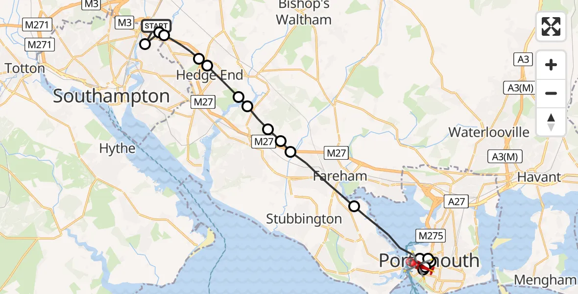 Flight route Air Ambulance Helicopter Southampton Airport - Old Portsmouth, 05 June 2026, 00:19