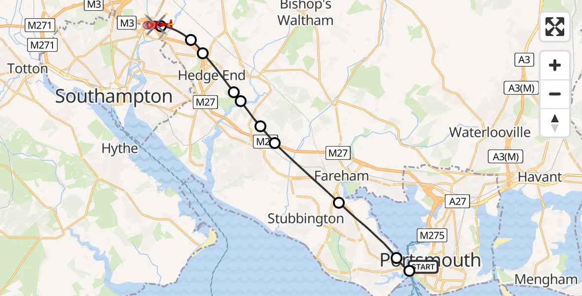 Flight route Air Ambulance Helicopter Old Portsmouth - Southampton Airport, 05 June 2026, 00:49