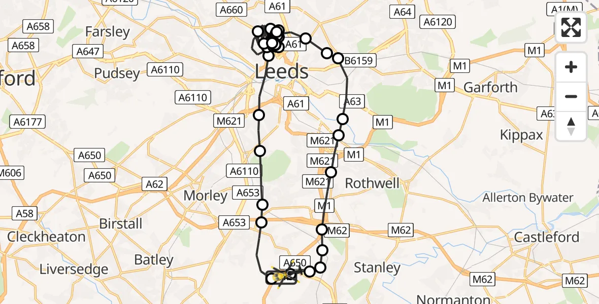Flight route Police Helicopter East Ardsley - East Ardsley, 05 June 2026, 00:59
