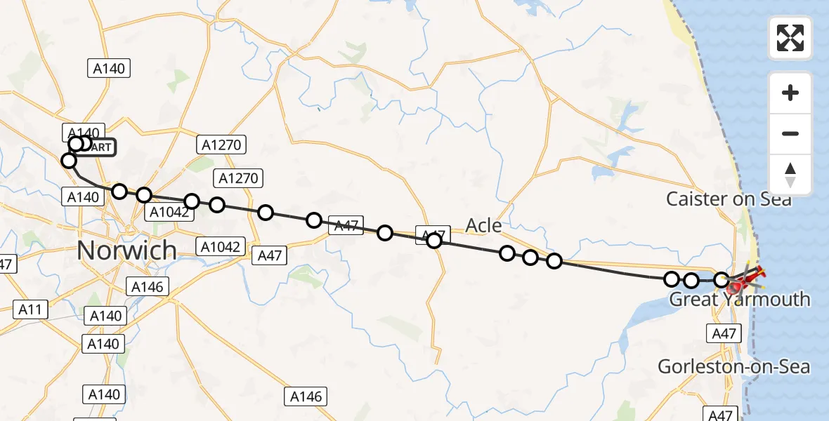 Flight route Air Ambulance Helicopter Norwich Airport - Great Yarmouth, 05 June 2026, 03:21