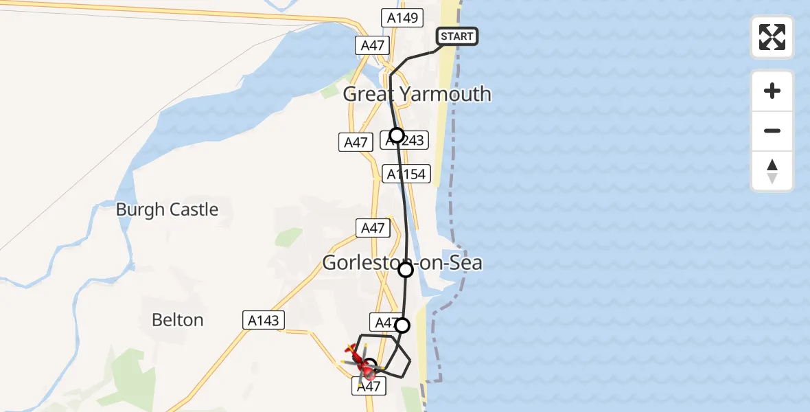 Flight route Air Ambulance Helicopter Great Yarmouth - James Paget Hospital, 05 June 2026, 04:18