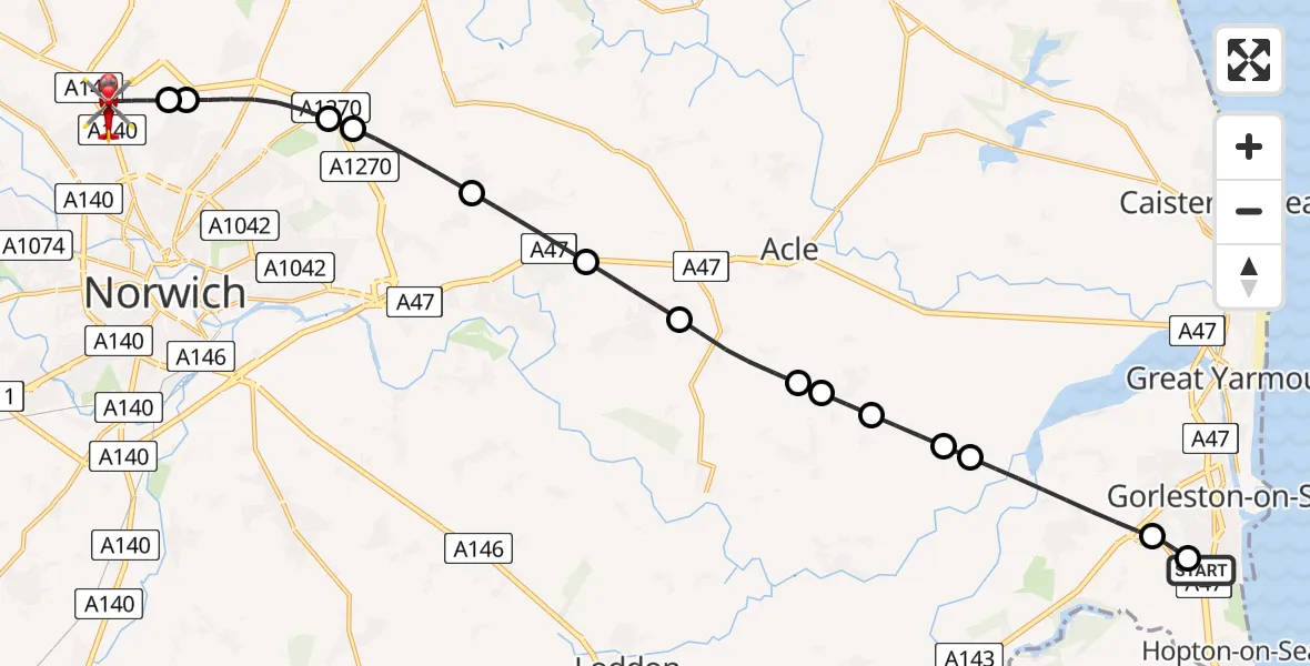 Flight route Air Ambulance Helicopter James Paget Hospital - Norwich Airport, 05 June 2026, 04:46