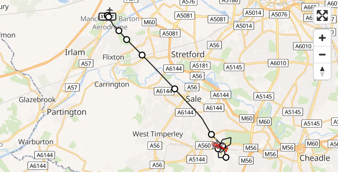 Flight route Air Ambulance Helicopter Manchester Barton Aerodrome - Wythenshawe, 05 June 2026, 06:27
