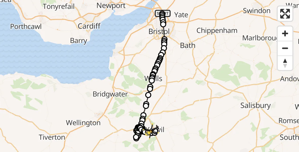 Flight route Police Helicopter Almondsbury Helicopter Base - Yeovil, 05 June 2026, 07:07
