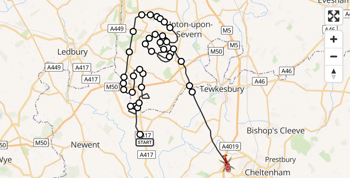 Flight route Air Ambulance Helicopter Hartpury - Tewkesbury, 05 June 2026, 07:39