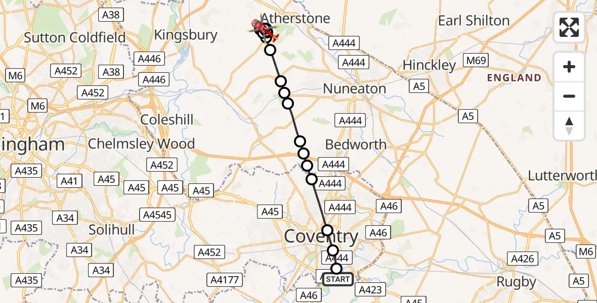 Flight route Air Ambulance Helicopter Tollbar End - Baxterley CP, 05 June 2026, 07:55
