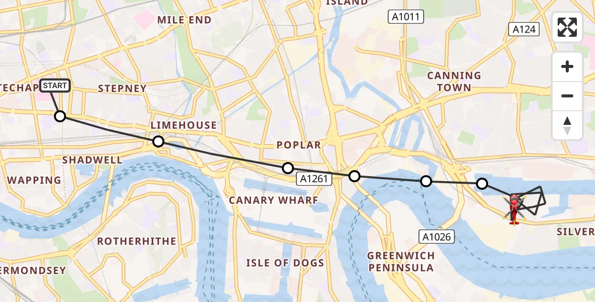 Flight route Air Ambulance Helicopter Royal London Hospital - Silvertown, 05 June 2026, 08:04