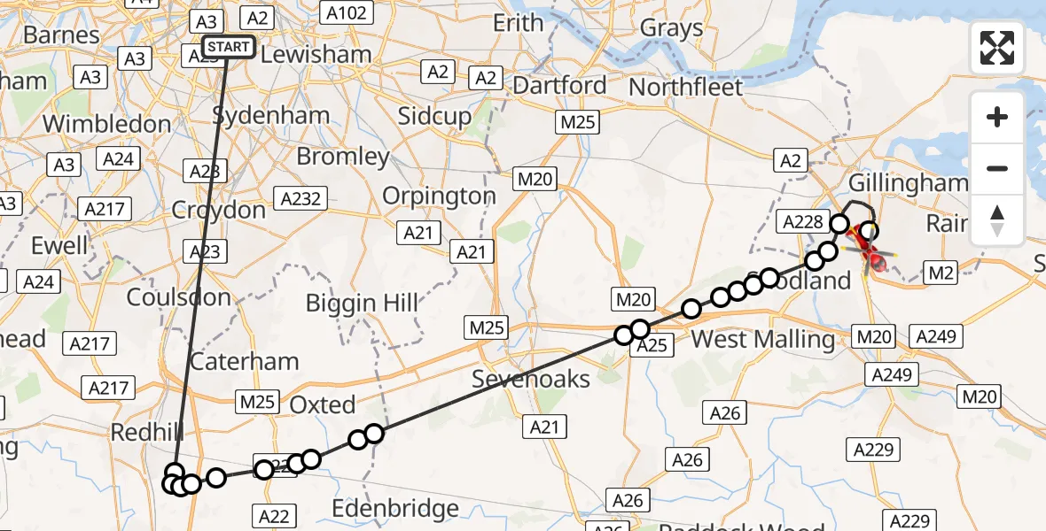 Flight route Air Ambulance Helicopter Kings College London Hospital - Rochester Airport, 05 June 2026, 08:14