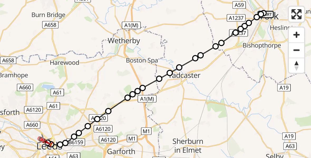 Flight route Air Ambulance Helicopter Bishophill - Woodhouse, 05 June 2026, 08:27