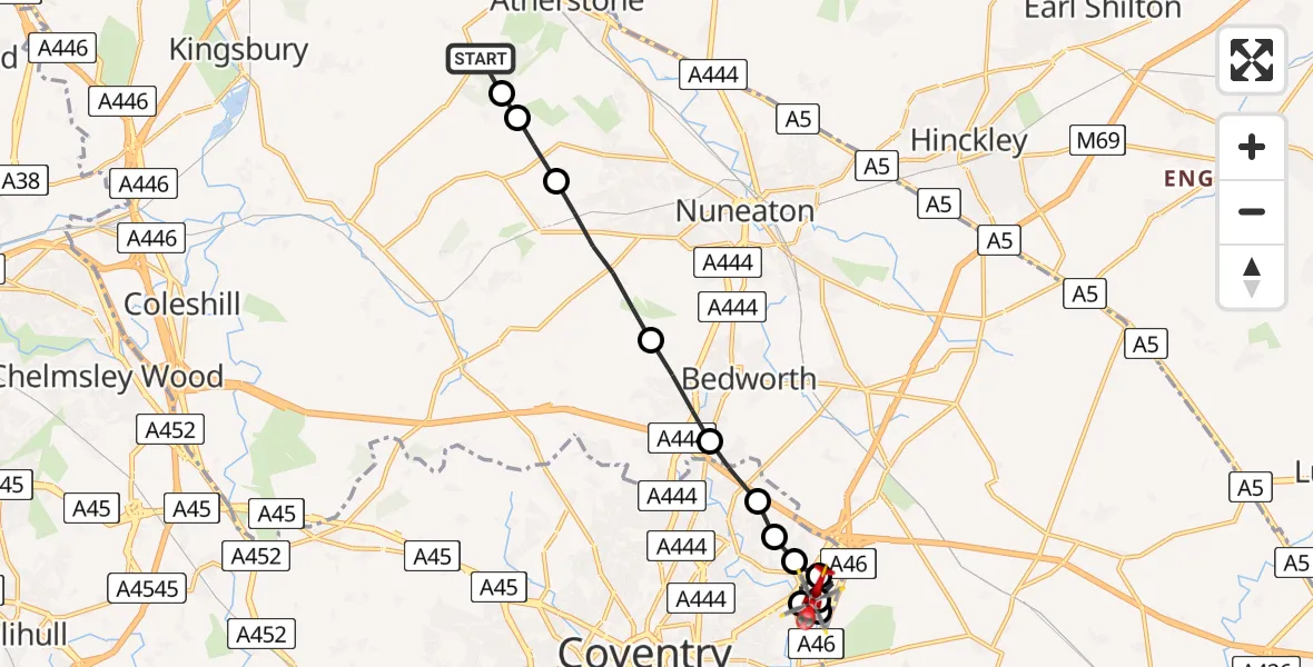 Flight route Air Ambulance Helicopter Atherstone - University Hospital Coventry, 05 June 2026, 08:50