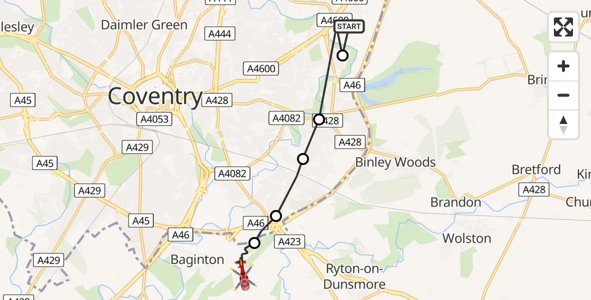 Flight route Air Ambulance Helicopter University Hospital Coventry - Coventry Airport, 05 June 2026, 09:24
