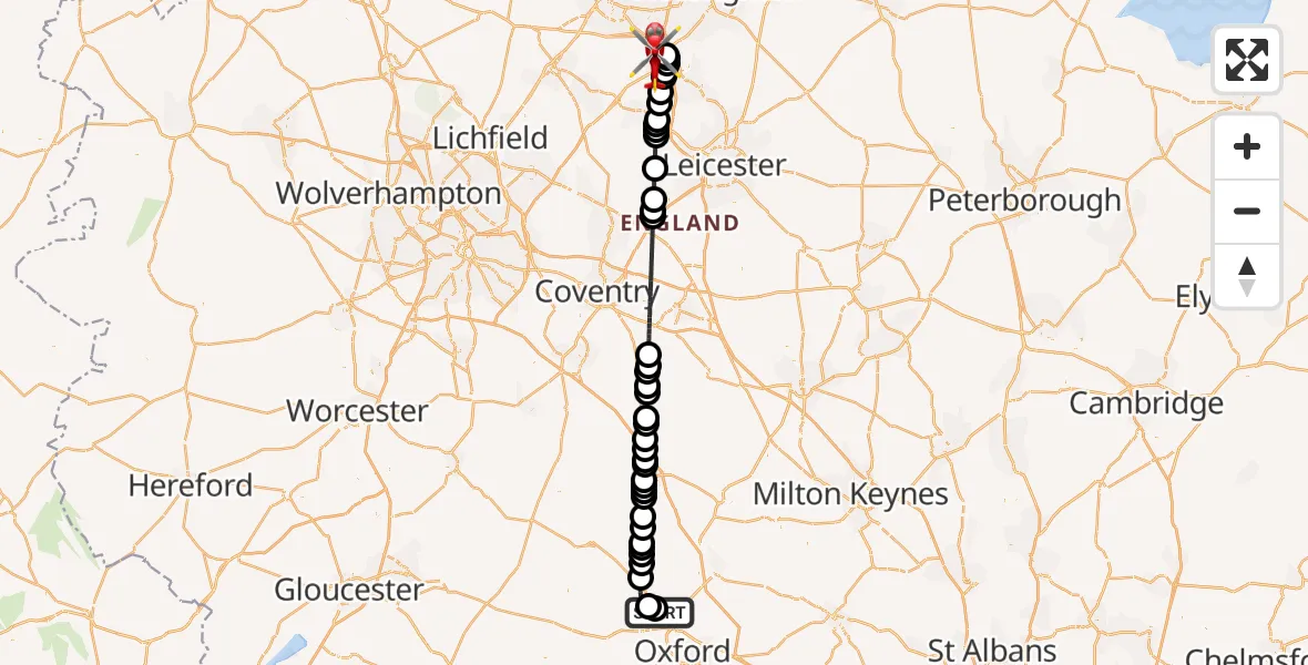 Flight route Air Ambulance Helicopter London Oxford Airport - East Midlands Airport, 05 June 2026, 09:29
