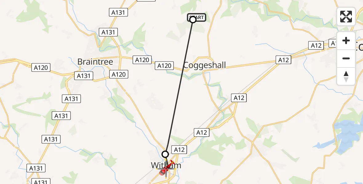 Flight route Air Ambulance Helicopter Earls Colne Airfield - Witham, 05 June 2026, 09:31
