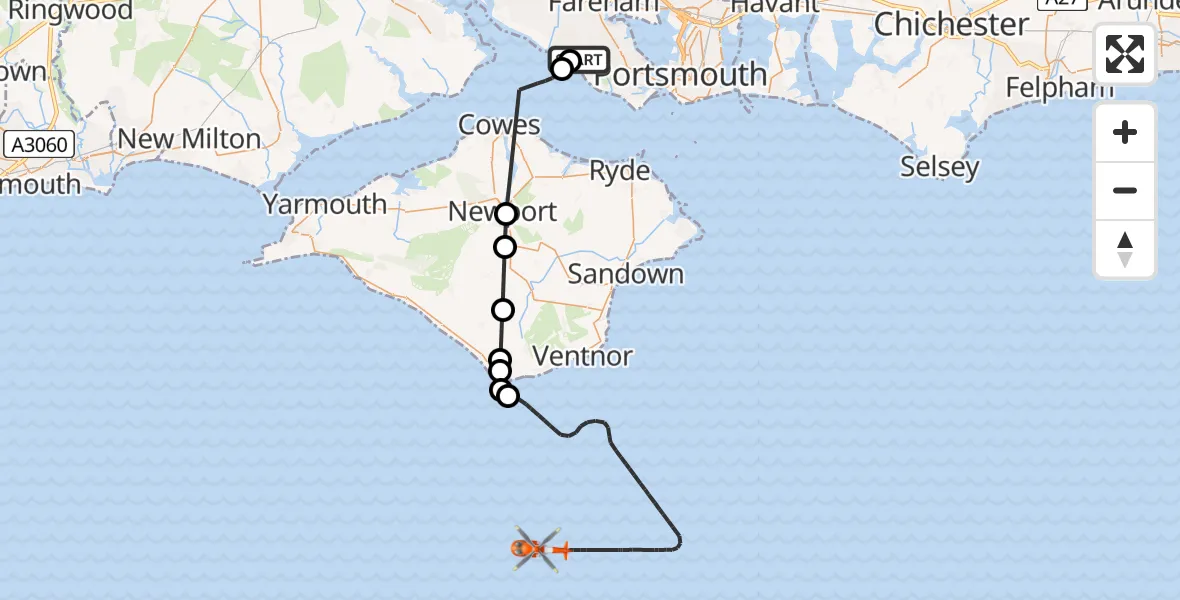 Flight route Coastguard Helicopter Solent Airport - English Channel, 05 June 2026, 09:34