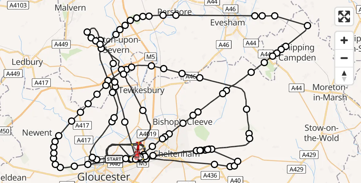 Flight route Air Ambulance Helicopter Tewkesbury - Tewkesbury, 05 June 2026, 09:35