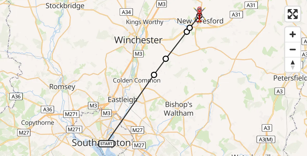 Flight route Air Ambulance Helicopter St Mary's - Old Alresford, 05 June 2026, 09:45