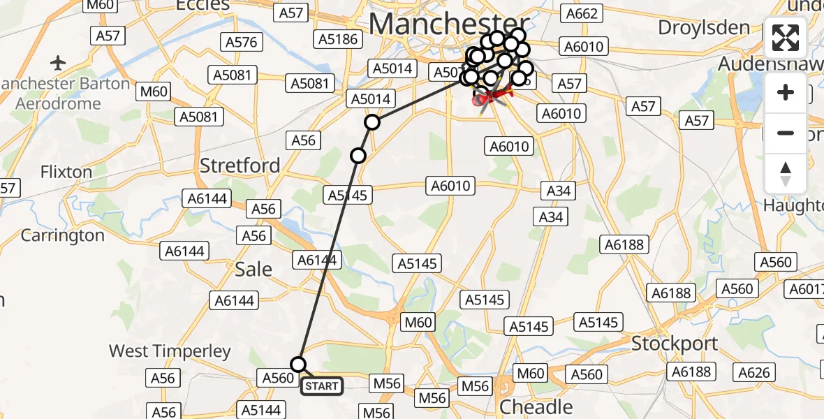 Flight route Air Ambulance Helicopter Wythenshawe - Chorlton-on-Medlock, 05 June 2026, 09:49