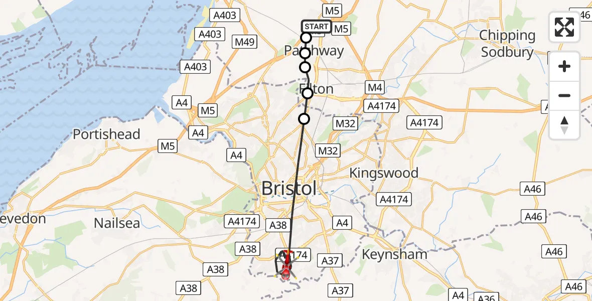 Flight route Air Ambulance Helicopter Almondsbury - Bristol, 05 June 2026, 09:52