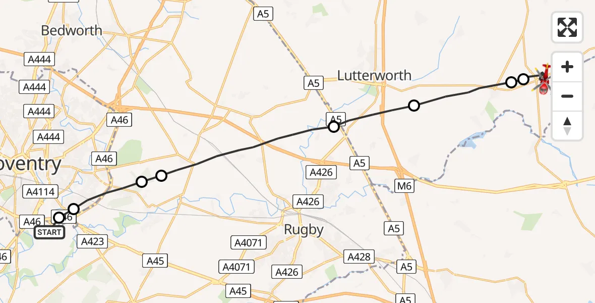 Flight route Air Ambulance Helicopter Coventry Airport - Husbands Bosworth, 05 June 2026, 09:52