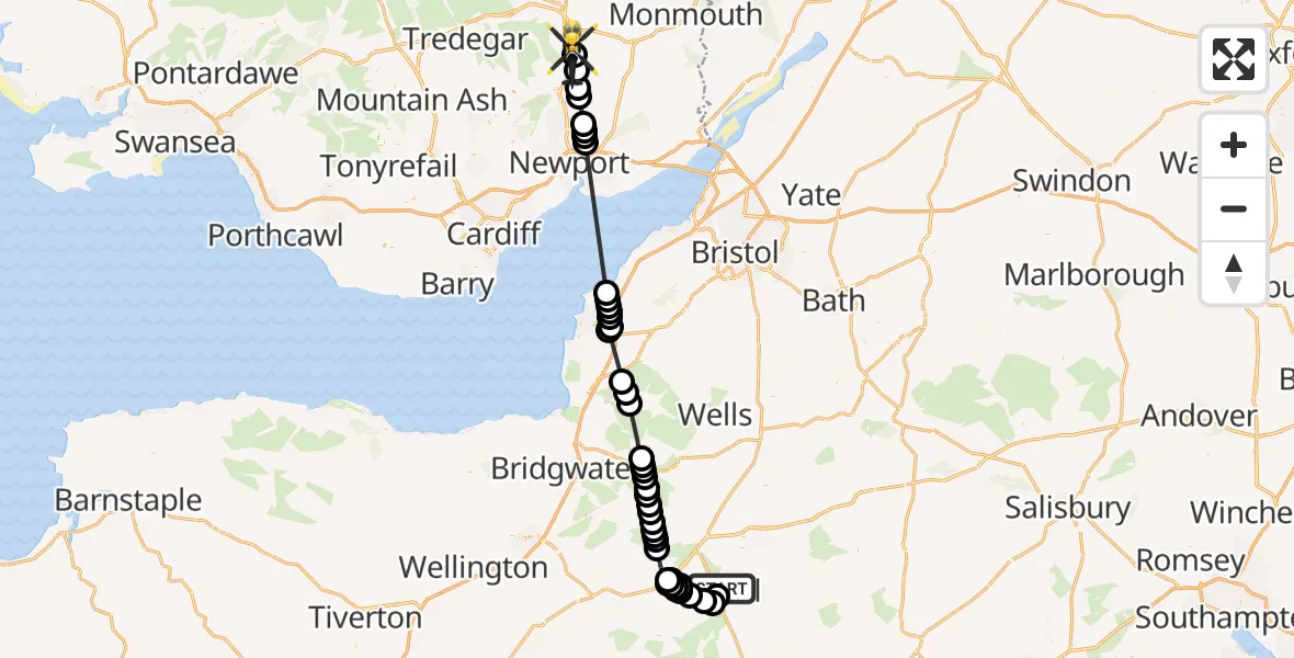 Flight route Police Helicopter Yeovil - Penperlleni, 05 June 2026, 09:58