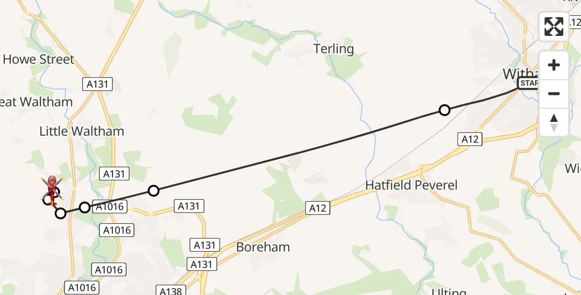 Flight route Air Ambulance Helicopter Witham - Broomfield Hospital, 05 June 2026, 10:14