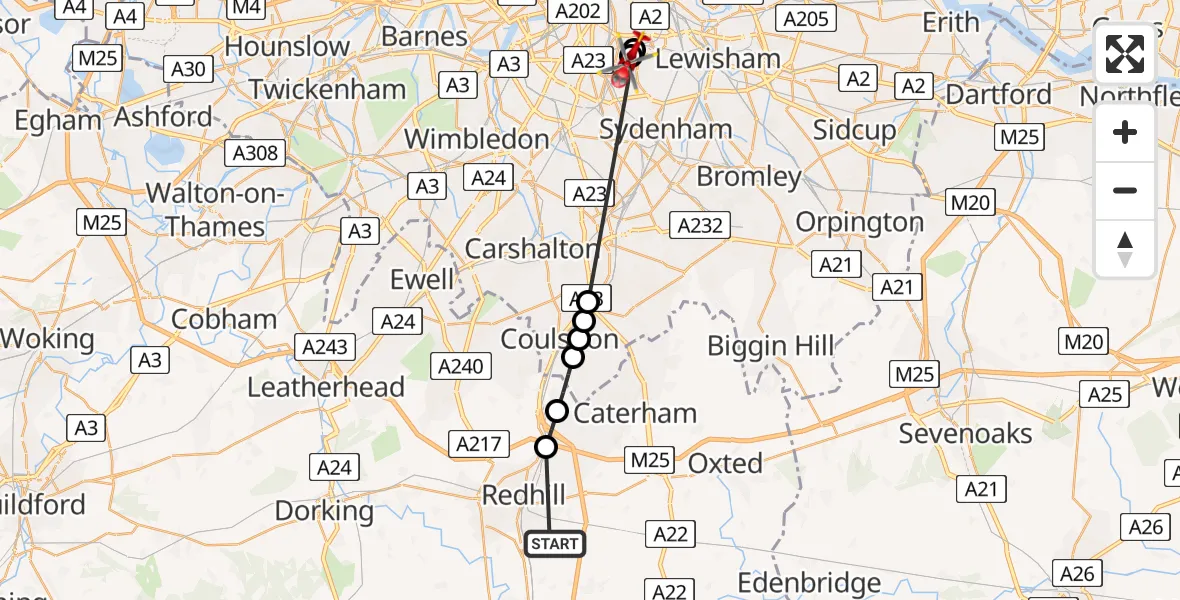 Flight route Air Ambulance Helicopter Redhill Aerodrome - East Dulwich, 05 June 2026, 10:19