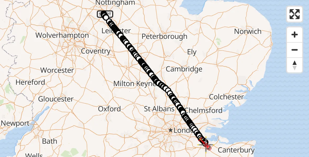 Flight route Air Ambulance Helicopter East Midlands Airport - Rochester Airport, 05 June 2026, 10:30