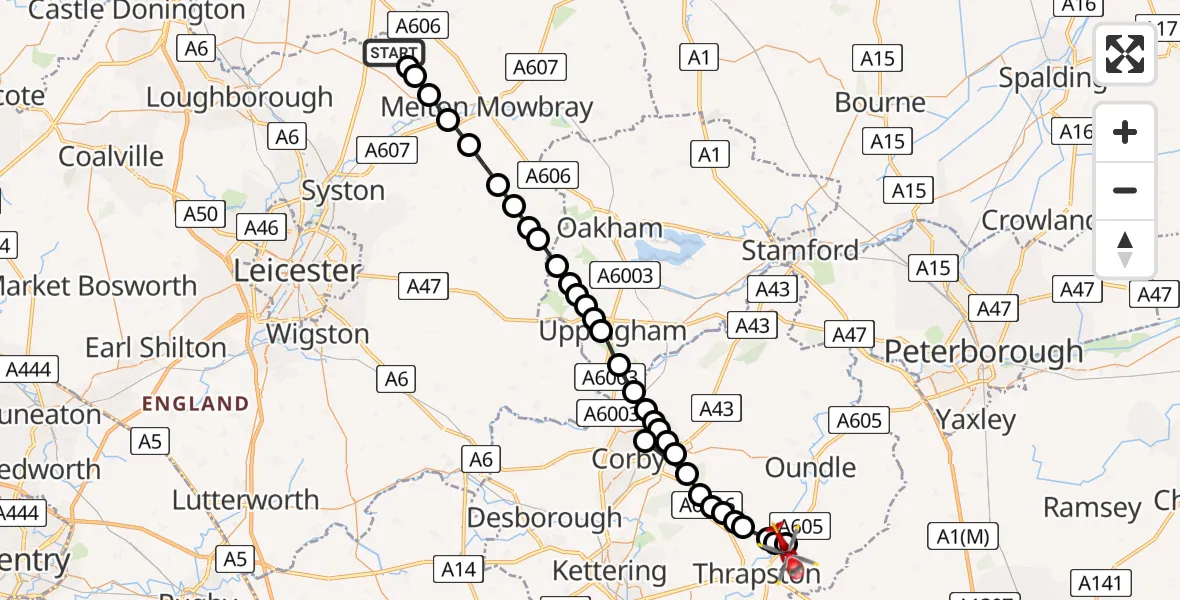 Flight route Air Ambulance Helicopter Old Dalby - Thorpe Waterville, 05 June 2026, 10:29