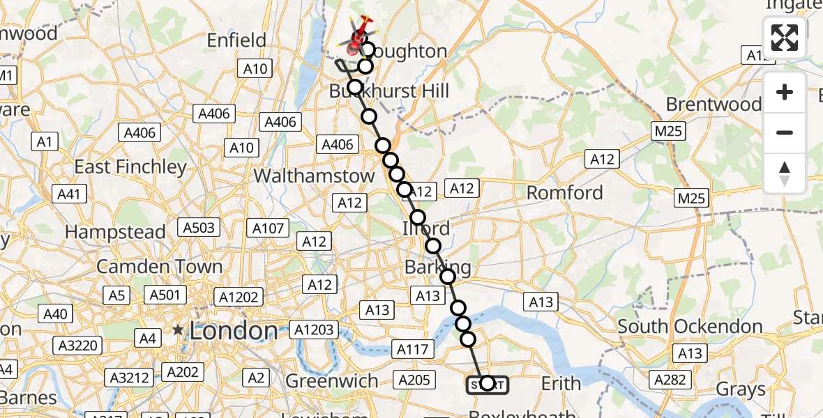 Flight route Air Ambulance Helicopter Abbey Wood - Metropolitan Police Air Support Unit Lippitts Hill, 05 June 2026, 10:36