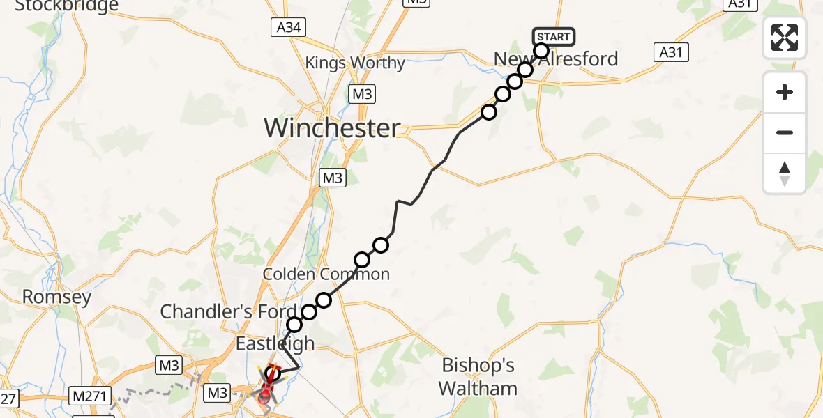 Flight route Air Ambulance Helicopter Old Alresford - Southampton Airport, 05 June 2026, 10:36