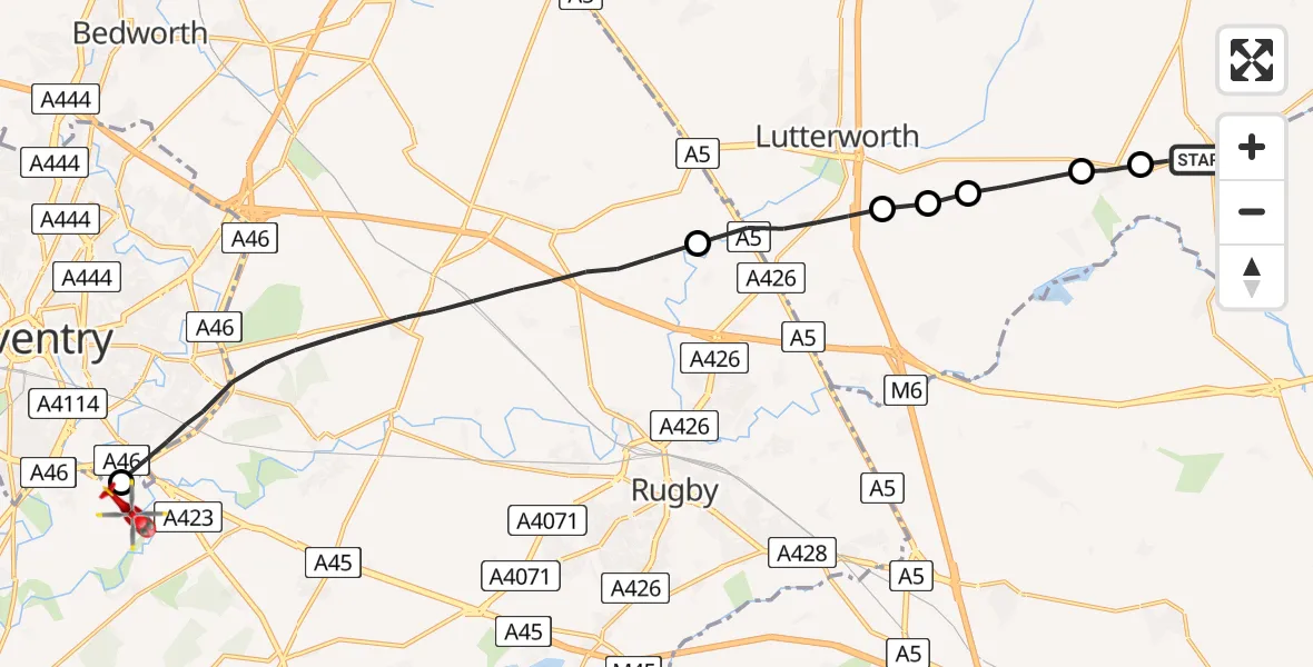 Flight route Air Ambulance Helicopter Husbands Bosworth - Rugby, 05 June 2026, 10:50