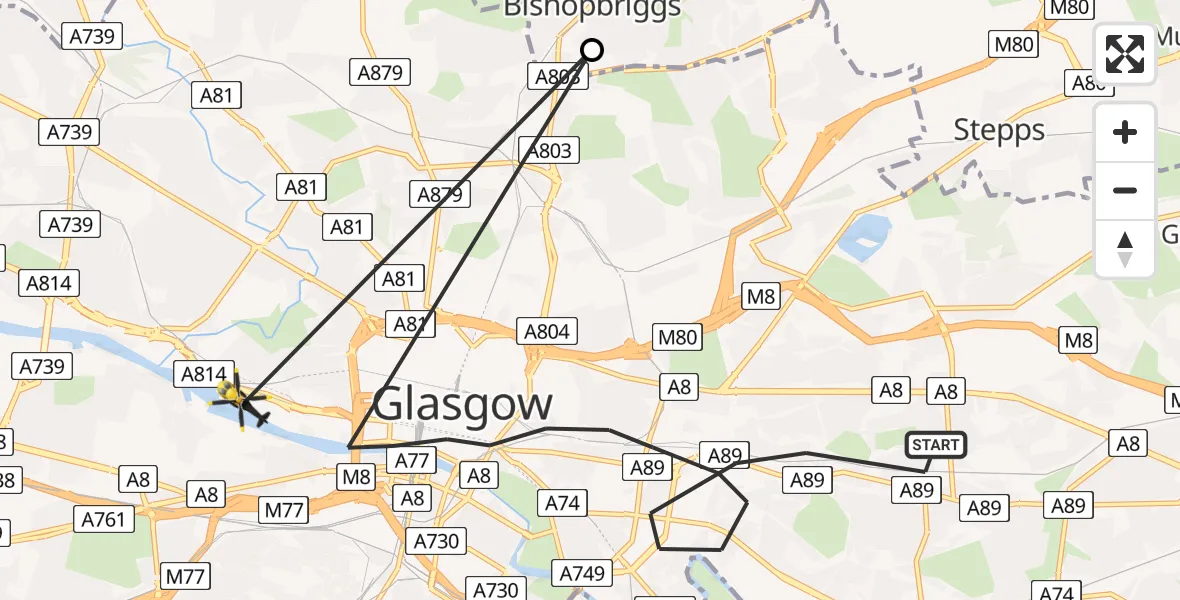 Flight route Police Helicopter Glasgow - Glasgow City Heliport, 05 June 2026, 10:53