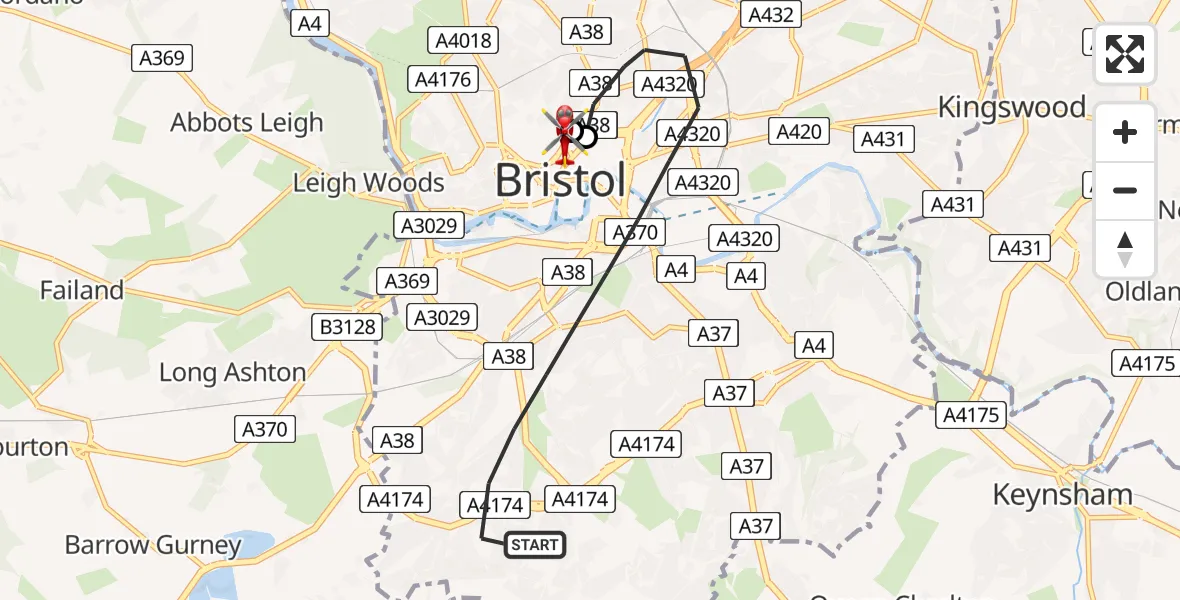 Flight route Air Ambulance Helicopter Bristol - Bristol Royal Infirmary, 05 June 2026, 11:02