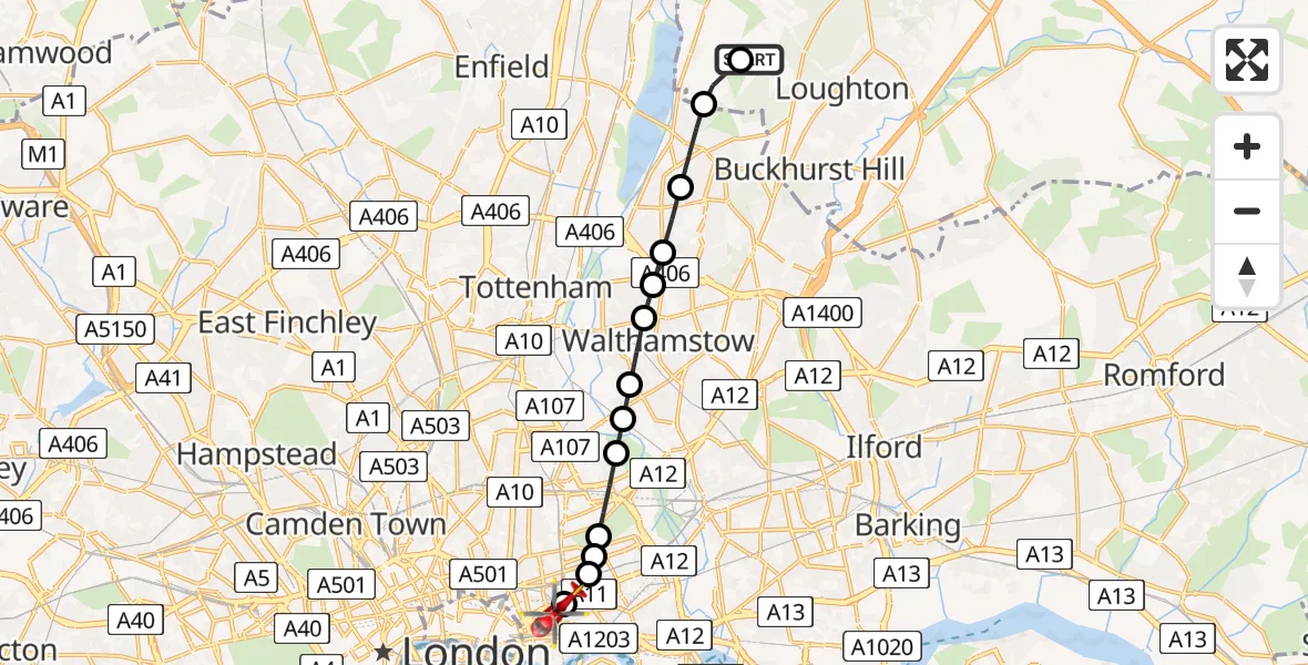 Flight route Air Ambulance Helicopter Metropolitan Police Air Support Unit Lippitts Hill - Royal London Hospital, 05 June 2026, 11:03