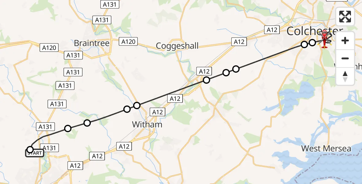 Flight route Air Ambulance Helicopter Broomfield Hospital - Colchester, 05 June 2026, 11:05