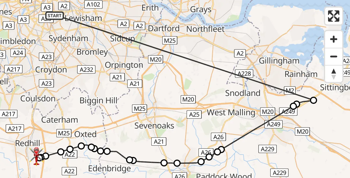 Flight route Air Ambulance Helicopter Kings College London Hospital - Redhill Aerodrome, 05 June 2026, 11:05