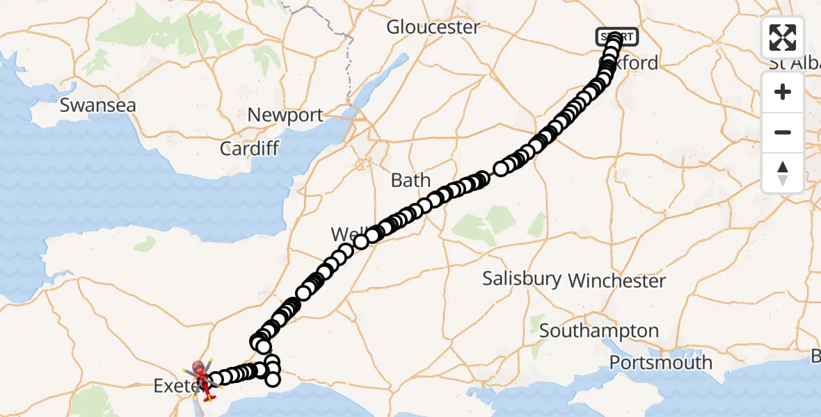 Flight route Air Ambulance Helicopter London Oxford Airport - Exeter International Airport, 05 June 2026, 11:05