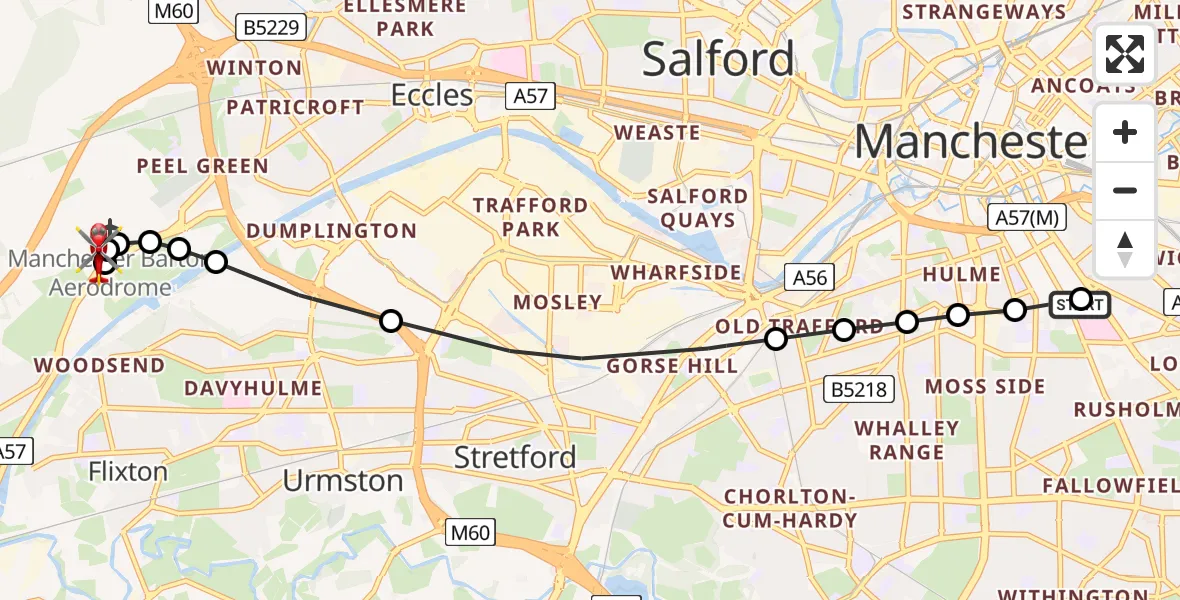 Flight route Air Ambulance Helicopter Ardwick - Manchester Barton Aerodrome, 05 June 2026, 11:07