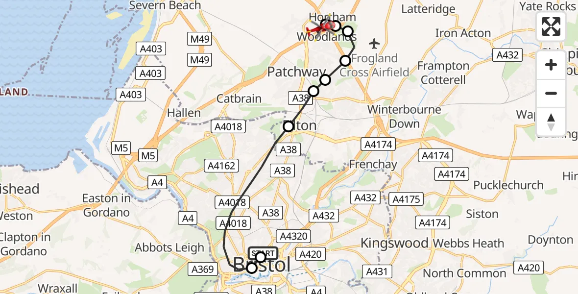 Flight route Air Ambulance Helicopter Bristol Royal Infirmary - Almondsbury Helicopter Base, 05 June 2026, 11:13